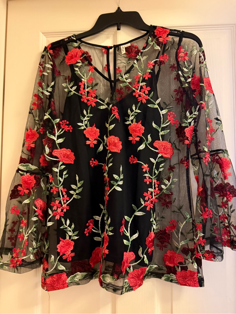 Black Sheer Floral Embroidered Blouse with Red Roses